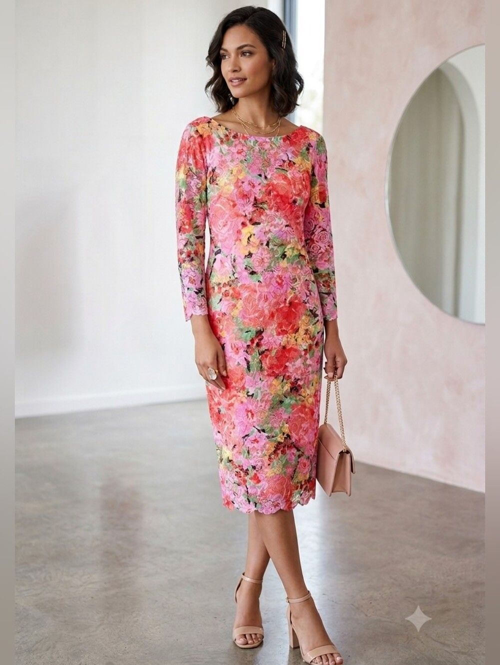 {Marina} NWT: Floral Long Sleeve Lace Midi Dress - SIZE LARGE